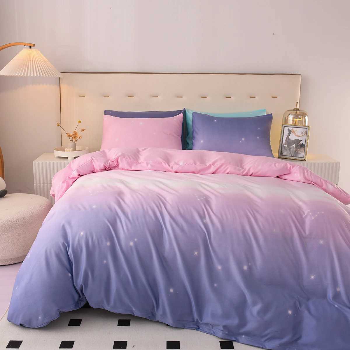 3pcs Fantasy Pink and Purple Gradient Duvet Cover Set Microfiber Galaxy Bedding Set Starry Sky Print Quilt Cover For Girls Room Y250819