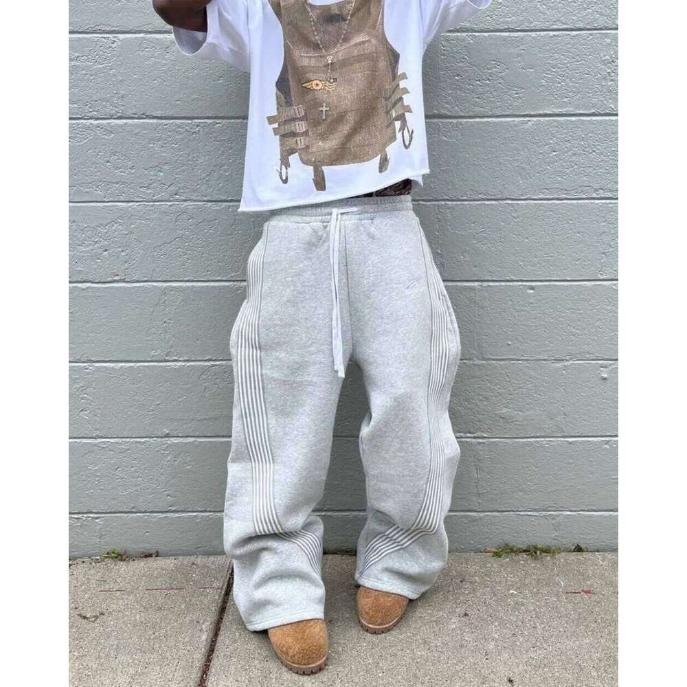 American Retro Striped Knitted Men Y2k Street Haruku Trendy Brand Oversized Trousers Loose Casual Wide Leg Pants Women