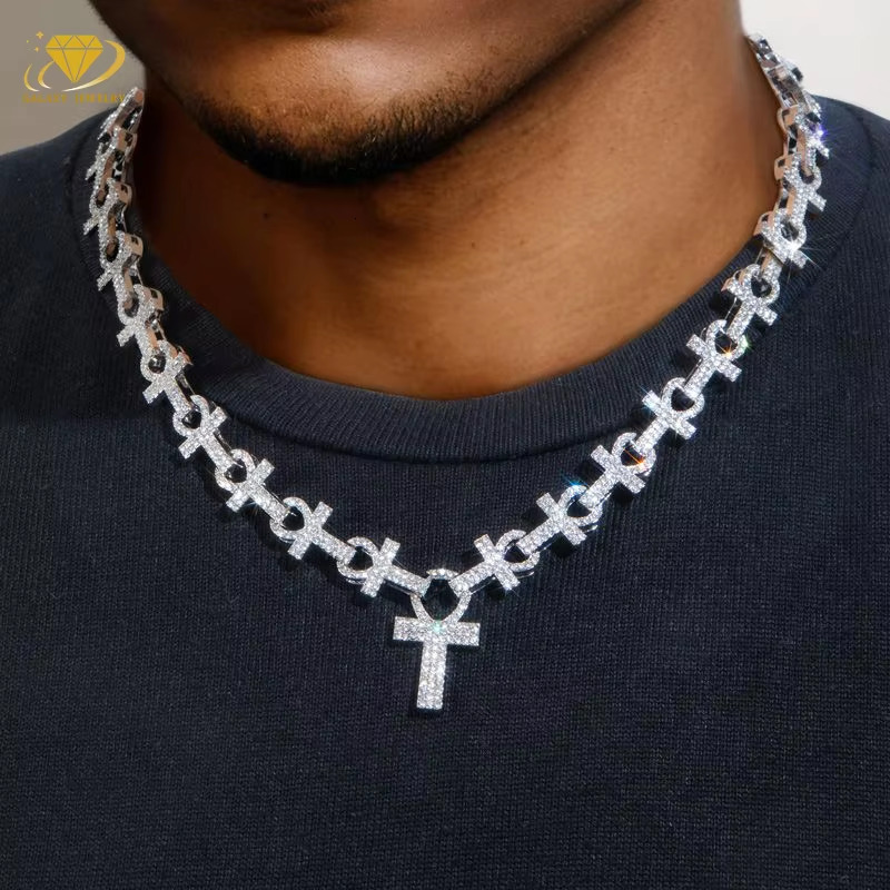 Hip Hop Rock Style Rapper Fashion Jewelry Personalized Custom Ankh Necklace Iced Out Moissanite Cross Pendant Cuban Chain