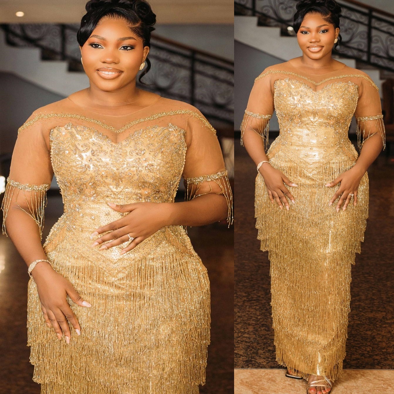 Sheath Gold Prom Dresses 2025 Tassels Crystals Beaded Short Sleeves Evening Formal Party Second Birthday Engagement Gowns Plus Size Dress For Special 