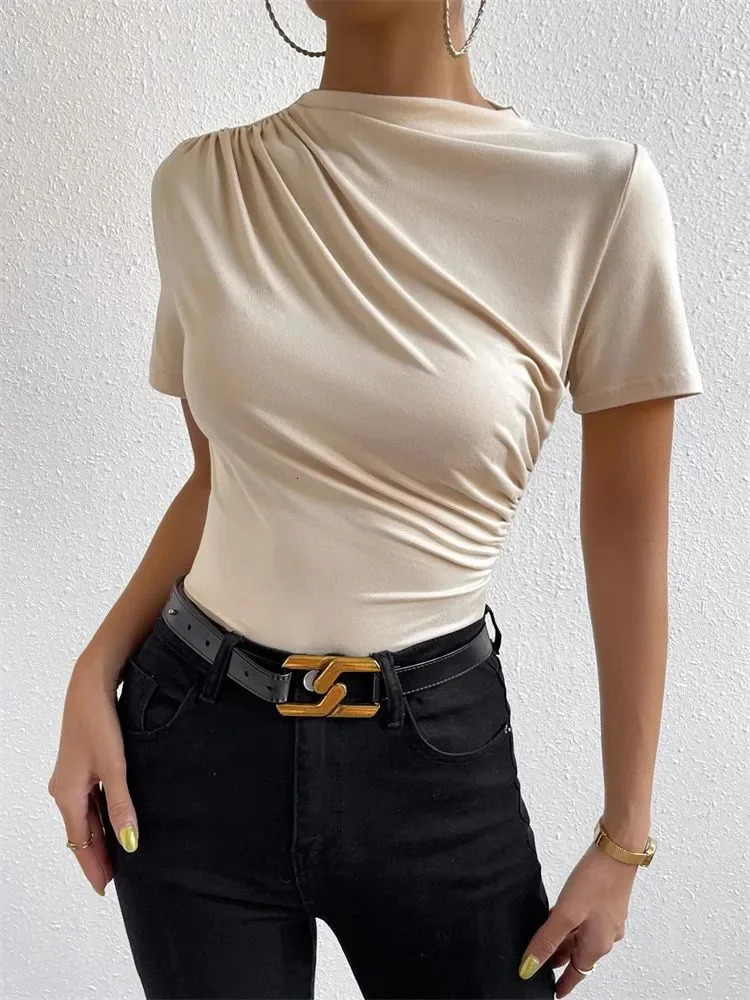 Women Short Sleeve Pleated T-shirt Summer Casual Slim Fit Mock Neck Ruched Tee Top Streetwear 250820