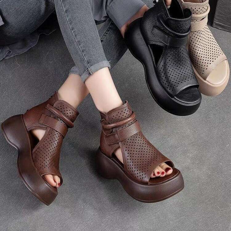 2023 Summer New Roman Fashion Internet Celebrity Thick-Soled Peep-Toe Sandals Hollow Platform High-Top Women's Shoes