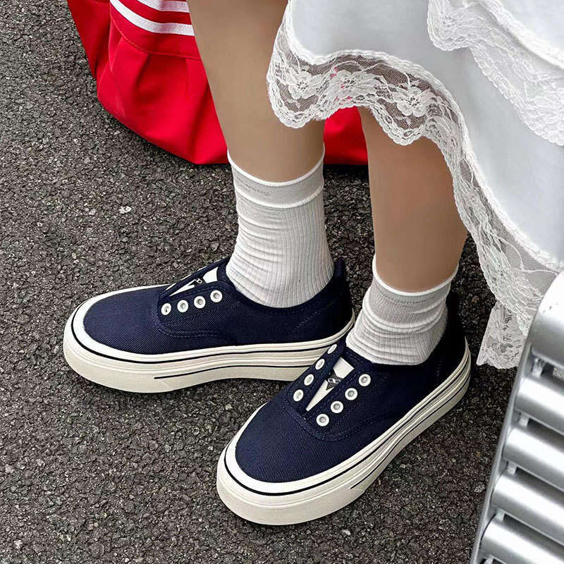 2025 New Spring Summer Thick Sole Elastic Slip-On Canvas for Women Breathable Casual Height Increasing White Sneakers Board Shoes