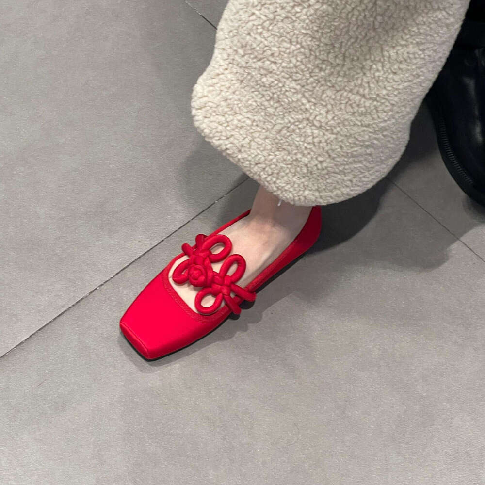 Sheepskin Version ~ Square Toe Little Red New Style Chinese Knot Flat Single Women Shallow Mouth Ballet Mary Jane Shoes