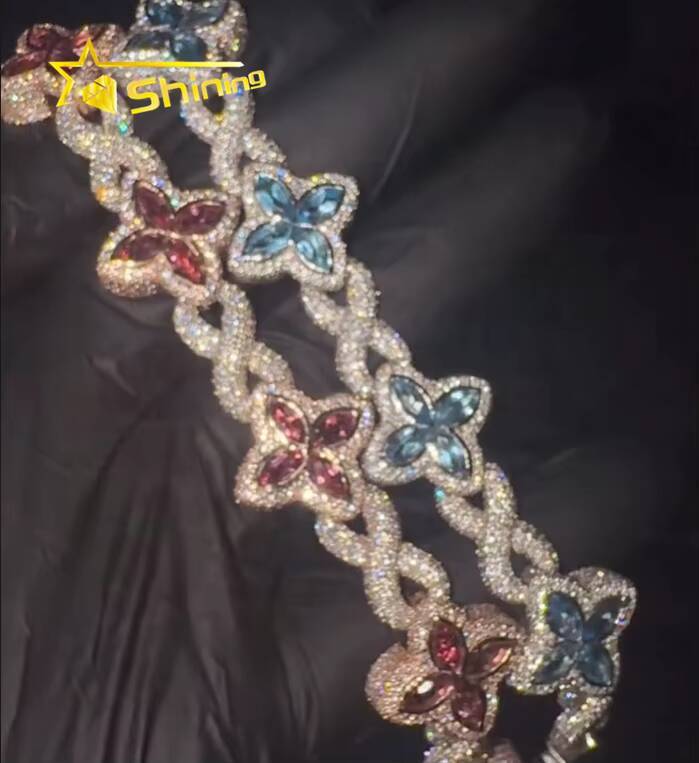 Hot Sale Popular Shining Hip Hop 925 Silver Pink Blue Marquise Infinity Cuban Link Moissanite Bracelet