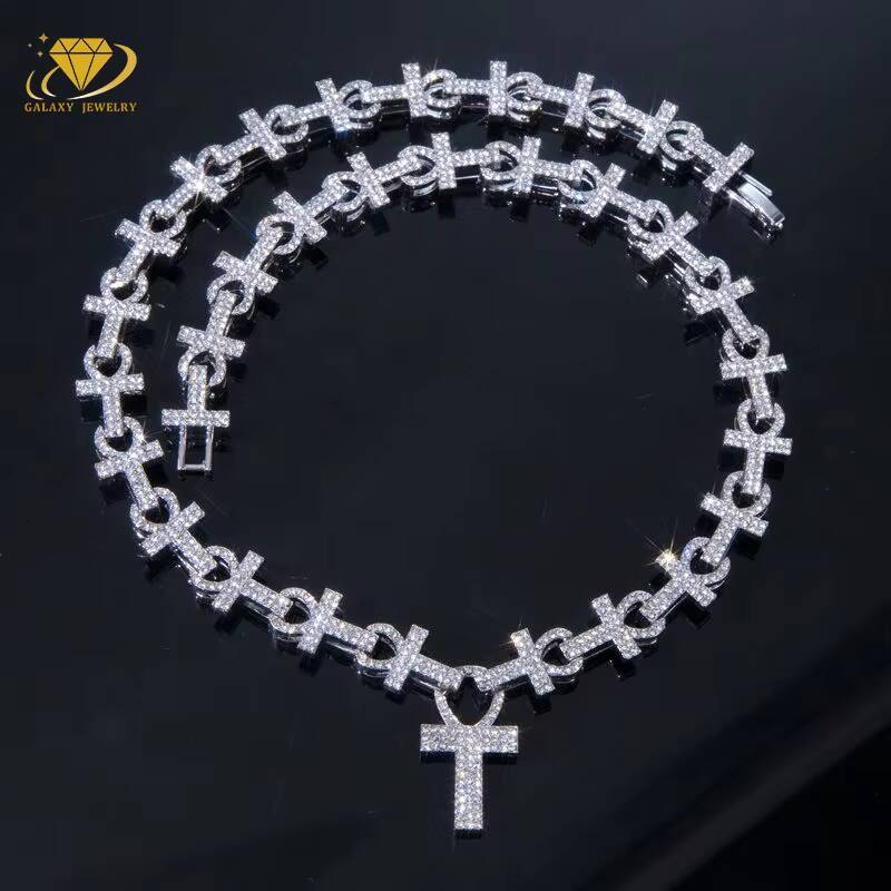 2025 New Arrivals Hiphop Jewelry Iced Pass Test 925 Silver Rhodium/Gold/Rose Gold Cross Necklace Vvs Moissanite Cuban Link Chain