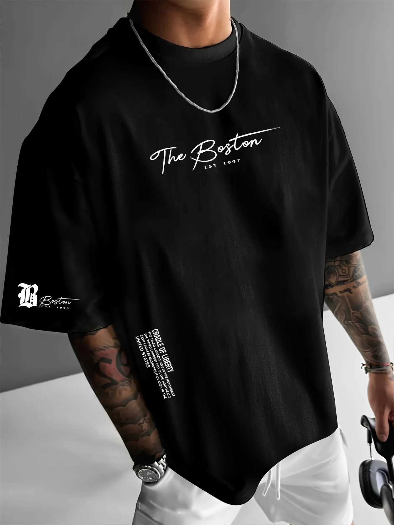 Mens summer 100 cotton fashionable casual sports loose Boston city slogan printed round neck short sleeved T-shirt top Y250819