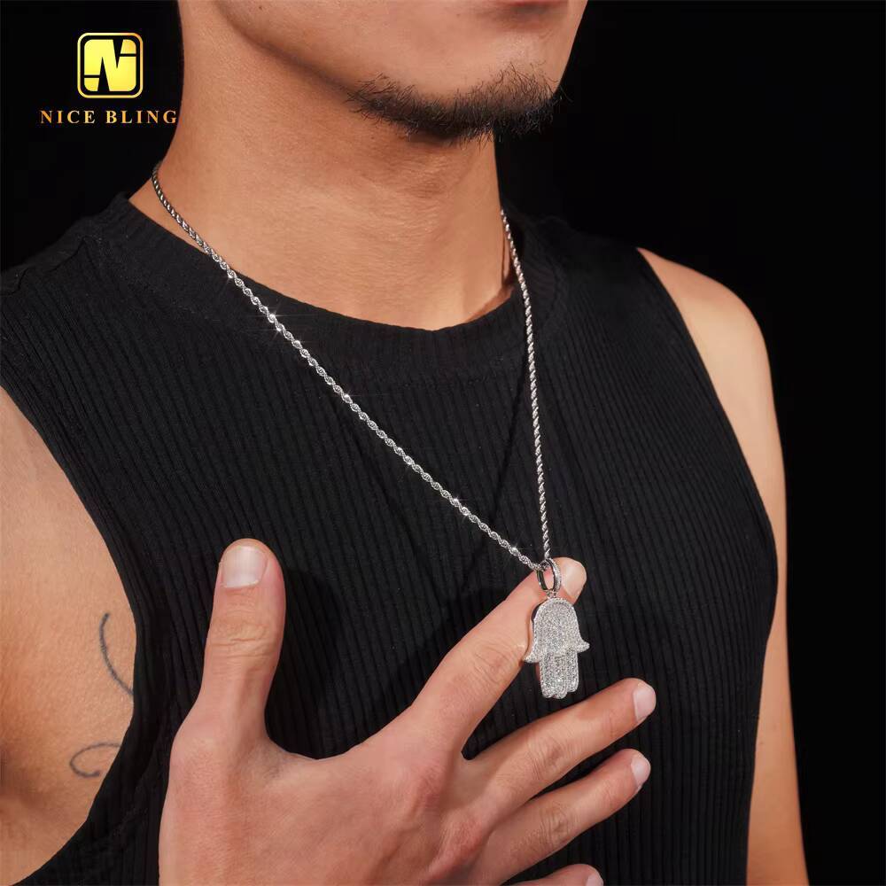 Lucky Hamsa Hand Pendant Silver Plated Custom Iced Out Fashion Hip Hop Jewelry 925 Silver VVS Moissanite Diamond Pendant Chain