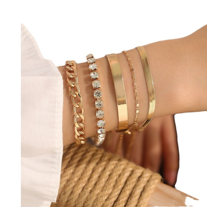 Elegant Gold & Diamonds 5-Piece Combined Bracelets - Chic Minimalist Jewelry Collection