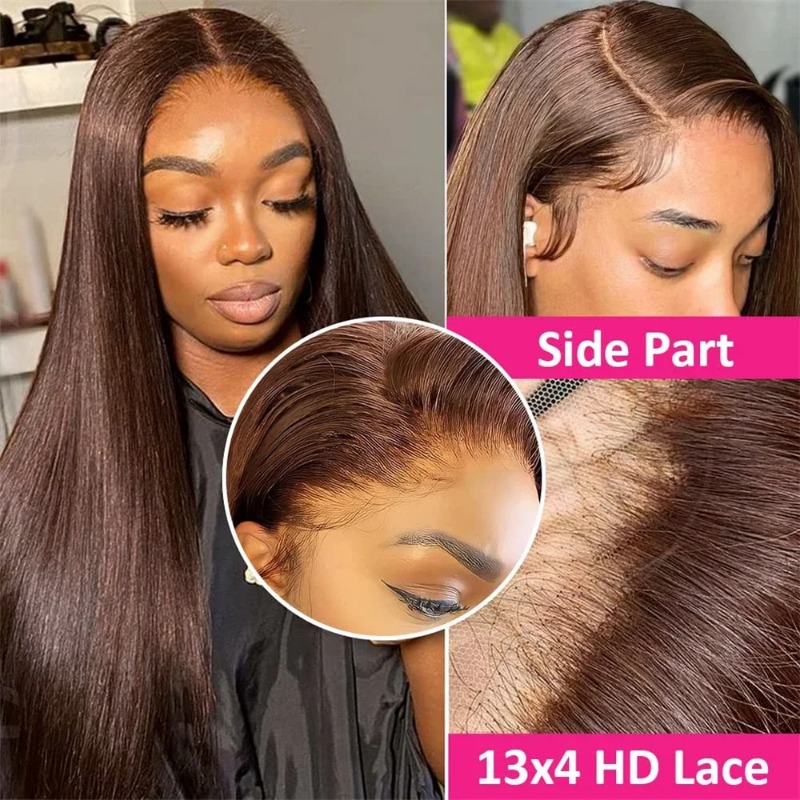 Straight Chocolate Brown Lace Front Human Hair Wigs For Woman Pre-Cut Plucked Honey Brown High Density HD Transparent Lace Frontal Wig
