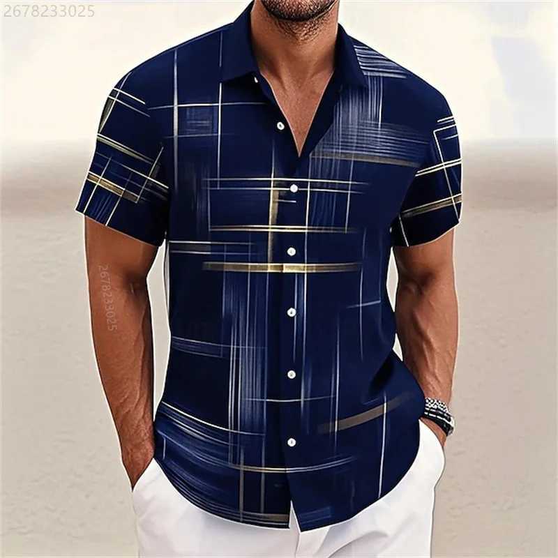 15 Colors Geometric Striped Shirt Mens Button Shirt Hawaiian Short Sleeve Casual Outdoor Vacation Street Fashion Lapel Shirt Y250819