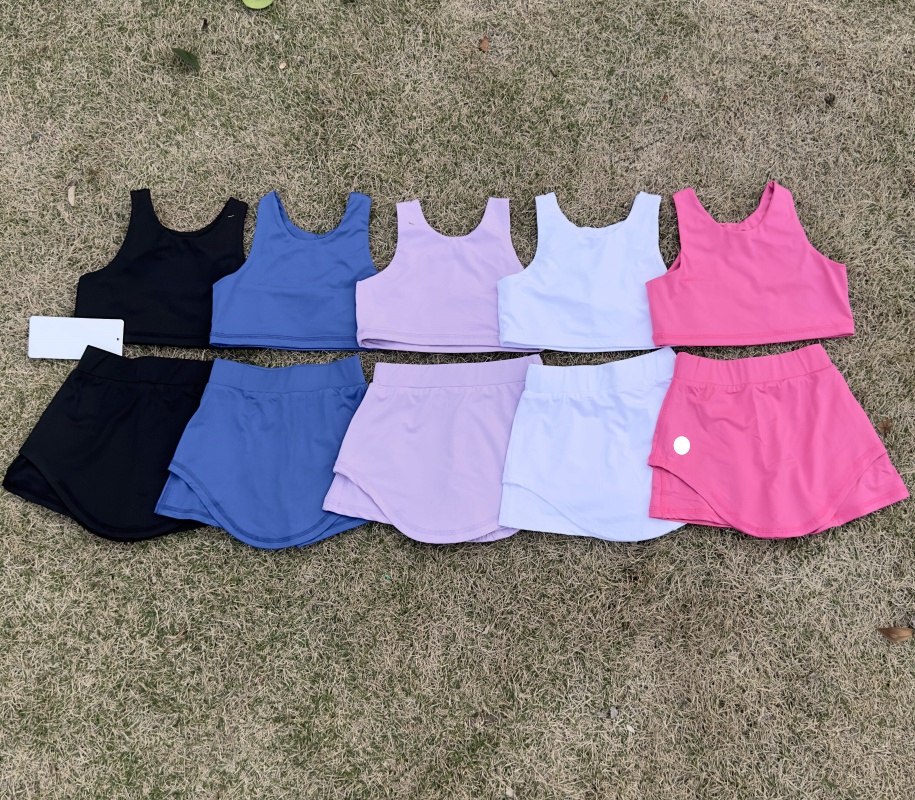 UU-L2156 Summer Kids Yoga Top+Flowy Shorts Outfits Girls Sportswear Lined Fitness Wear Short Pants Girls Running Elastic Yoga Set