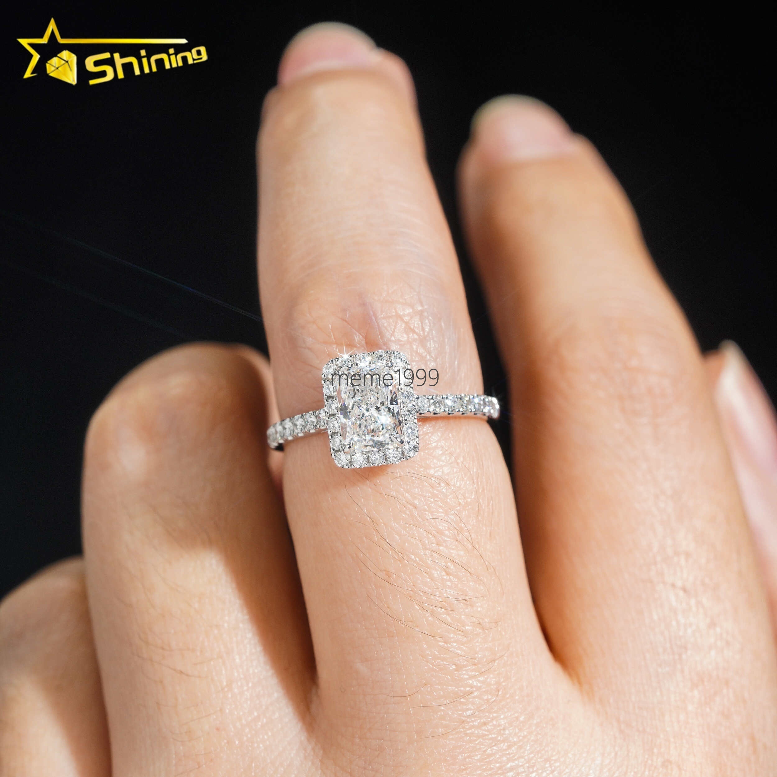 Emerald Cut Halo Half Iced Band 1ct VVS2 Lab Grown Diamond CVD Engagement Ring 18K Solid Gold Wedding Rings