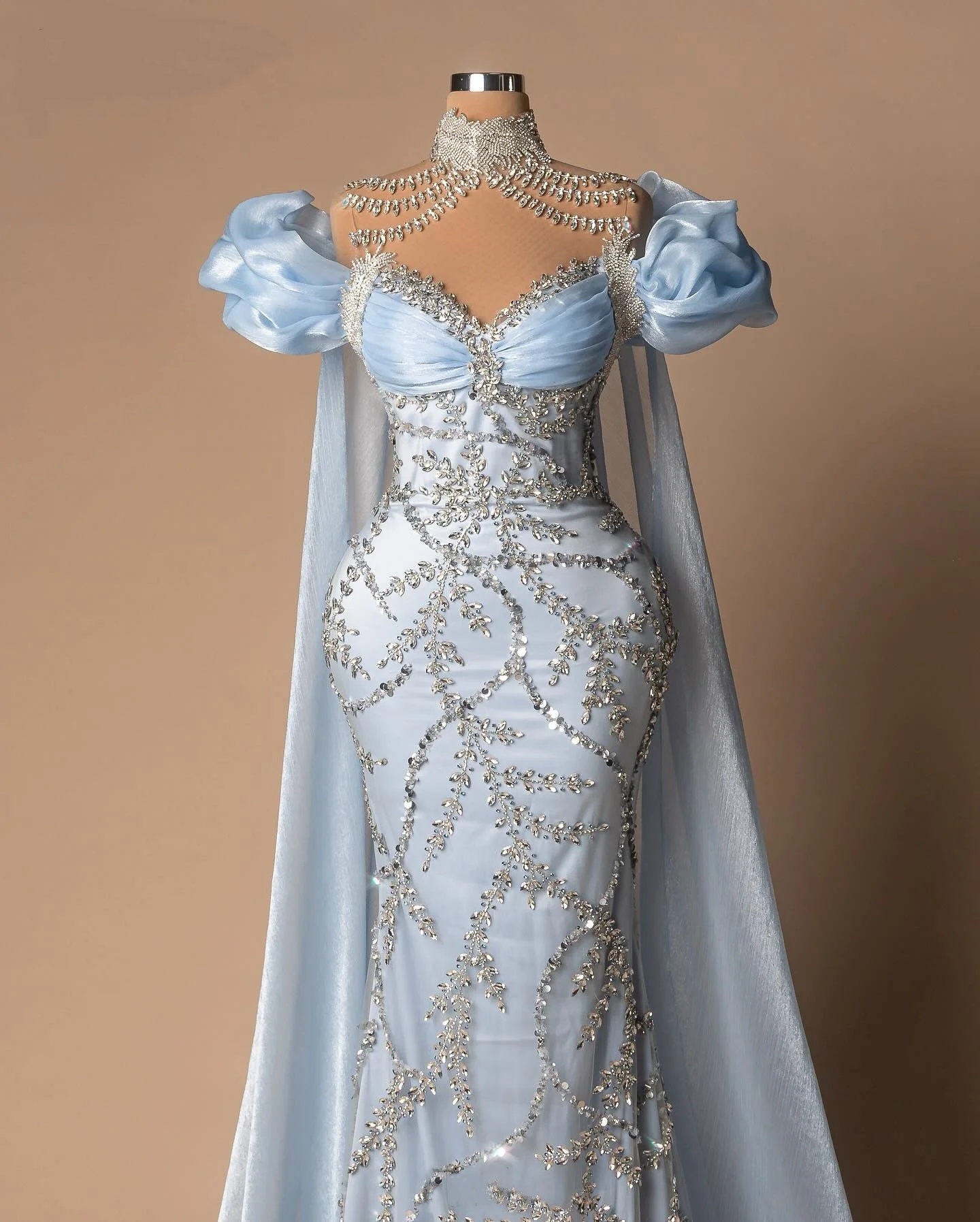 Modern High Neck Evening Dresses Rhinestone Beading Prom Gowns Princess Sweep Train Cape Sleeves Customized Vestidos De Noche Plus Size