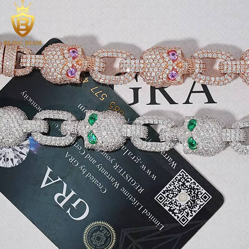 14.6mm Hip Hop Jewelry Skull Cuban Link Chain 925 Sterling Silver VVS Moissanite Iced Out Bracelet Necklace