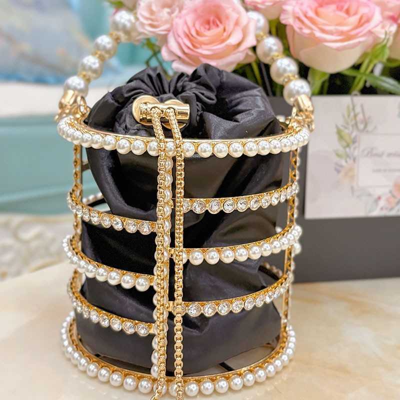 French Style Hollow Silk Satin Shiny Watercress Basket Banquet Pearl Bucket Handheld Crossbody Bag