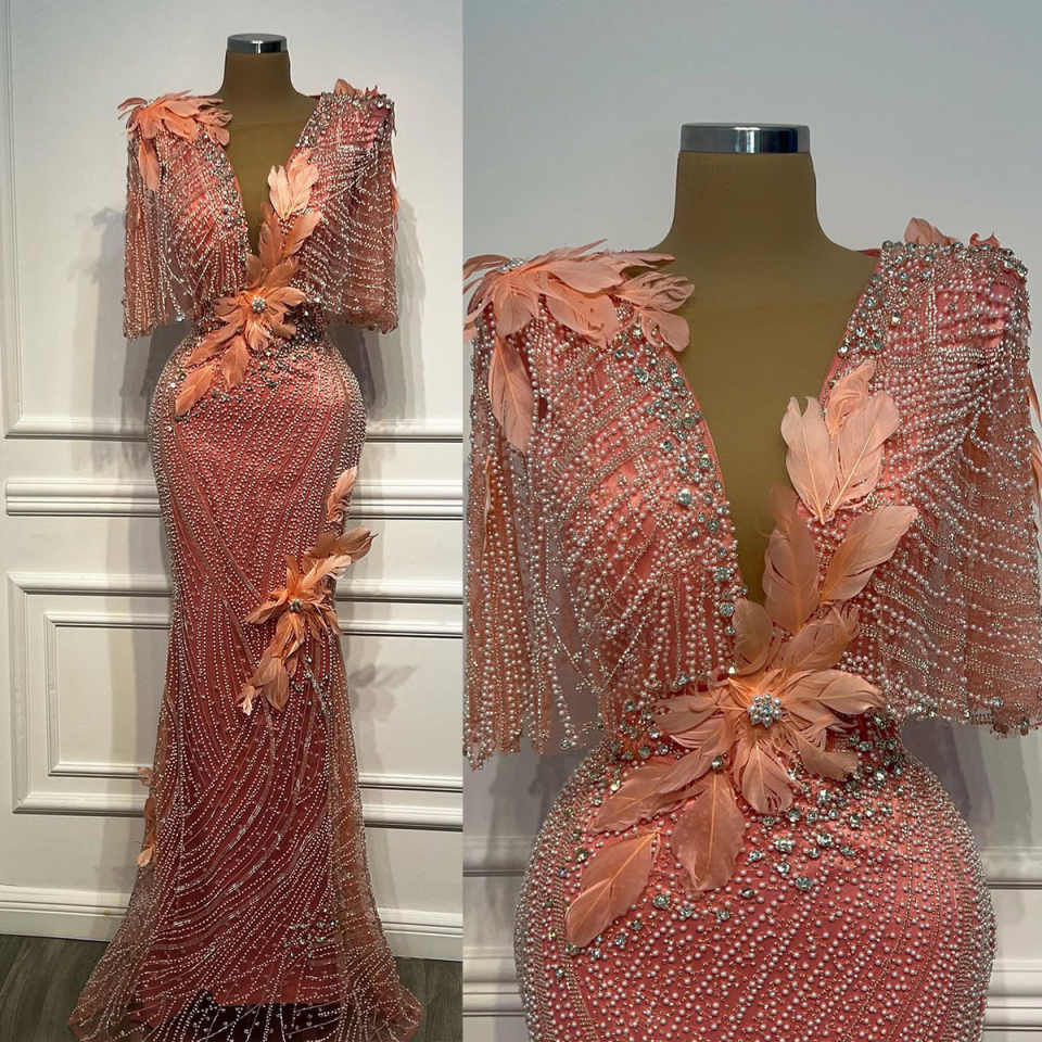 Vintage V Neck Long Sleeve Evening Dresses Sexy Mermaid Feather Beading Prom Gowns Formal Special Occasion Dress Customized