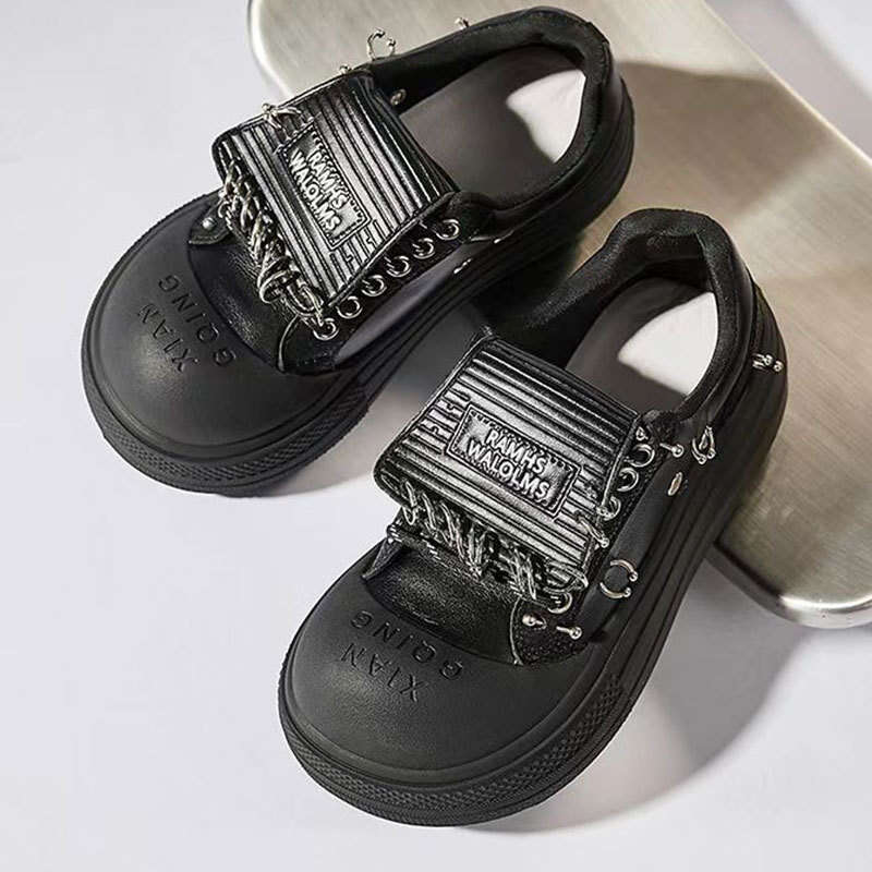 2024 New White Thick-Soled for Women, Autumn Breathable Cowhide Big Toe Height-Increasing Niche Subculture Casual Lip Stud Shoes