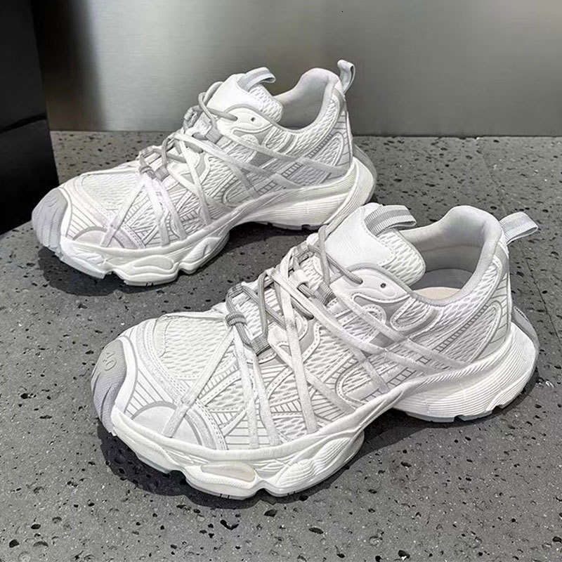 2025 New Spring Summer Genuine Leather Lace-up Height-increasing Sports Casual for Women Thick-soled Mesh Couple Style Breathable Dad Shoes