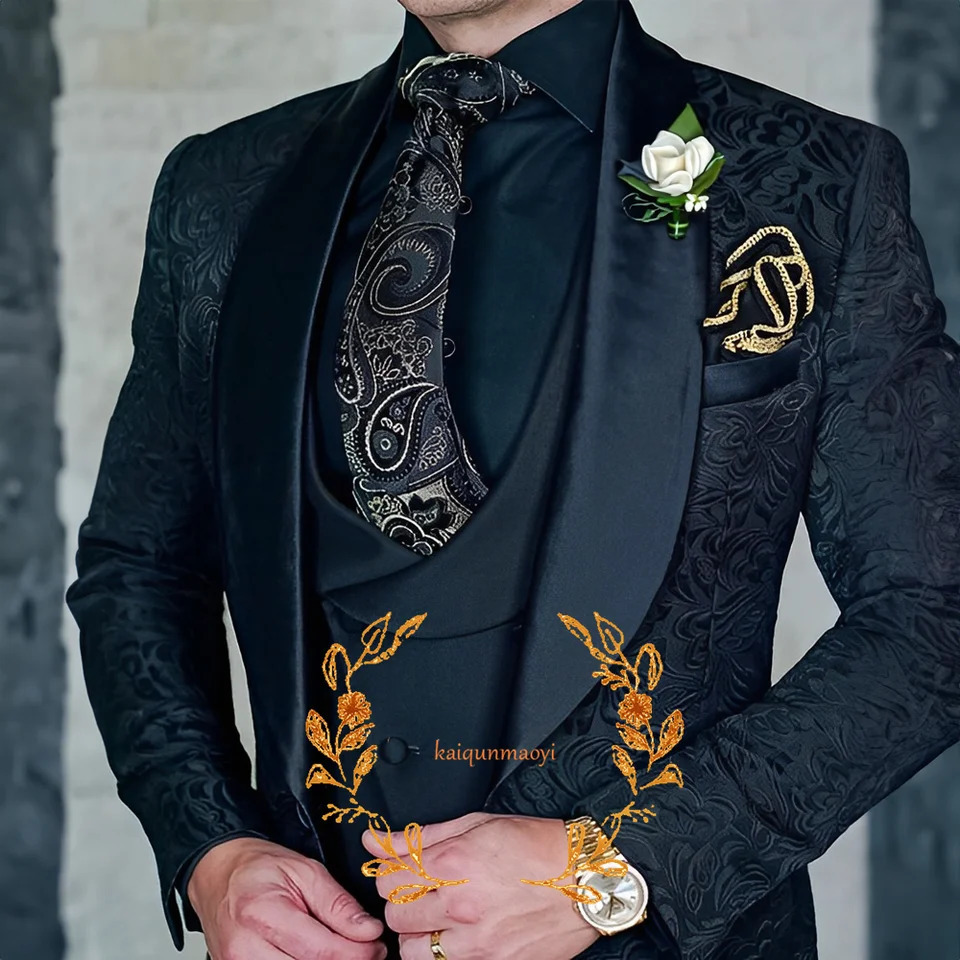Jacquard Elegant Mens 3 Piece Suit Set Wedding Groom Tuxedo Jacket Pants Vest Formal Party Dress XS-5XL 250820