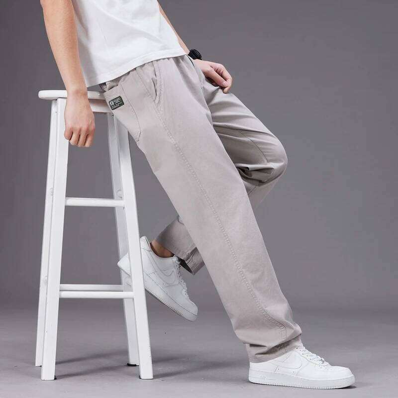 Big Size Casual Pants Men Elastic Waist Straight Leg Fit Summer Trousers Male Loose Cotton Work Wear Plus Large 6XL Khaki Light