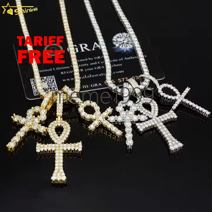 Hot Fashion Ankh Cross Pendant 2mm-5mm Width 925 Solid Silver D/VVS Clarity Moissanite Hip Hop Ankh Cross Pendant for Necklace