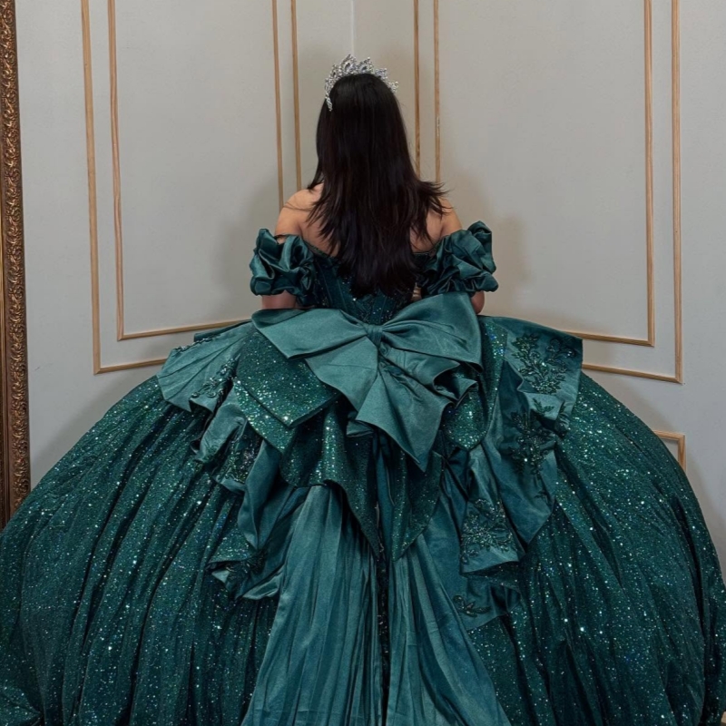 Dark Green Shiny Princess Sweet 16 Dress Quinceanera Dresses Applique Lace Beads Bow Tull Party Birthday Vestidos 15 De Anos