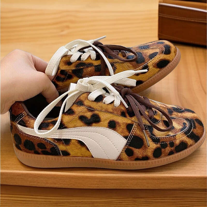 2024 Autumn New Leopard Print Horsehair Double Lace Niche German Training Women Fashion Versatile Casual Shoes Sneakers Trend