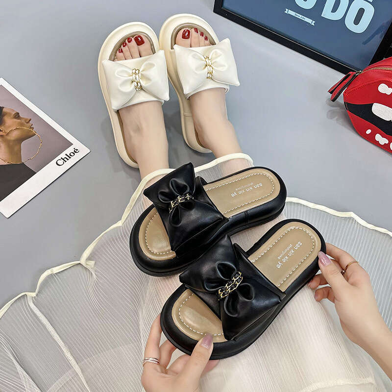 Thick-Soled Slippers for Women Summer Outdoor 2023 New Fashion Internet Celebrity Bow Fairy Style Mid-Heel Platform One-Strap Sandals