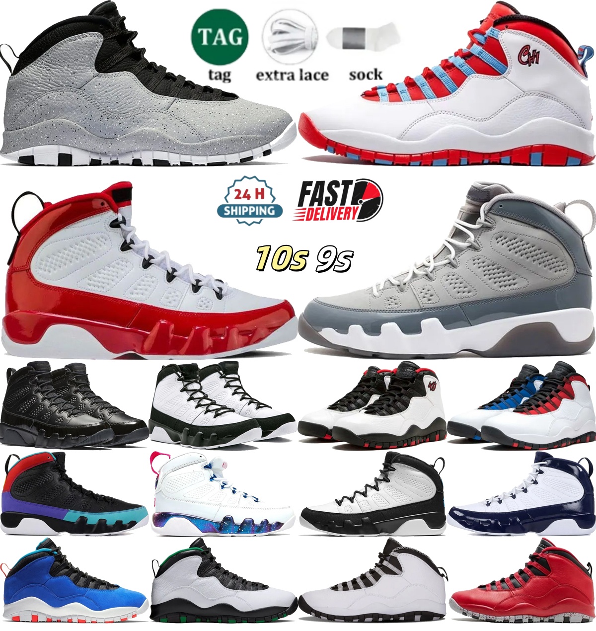 10s men Basketball shoes 9s basketball exercise shoes high-top leather Outdoor Fashion leisure sneakers white red panda piano keys Black Green Blue trainer size 40-47