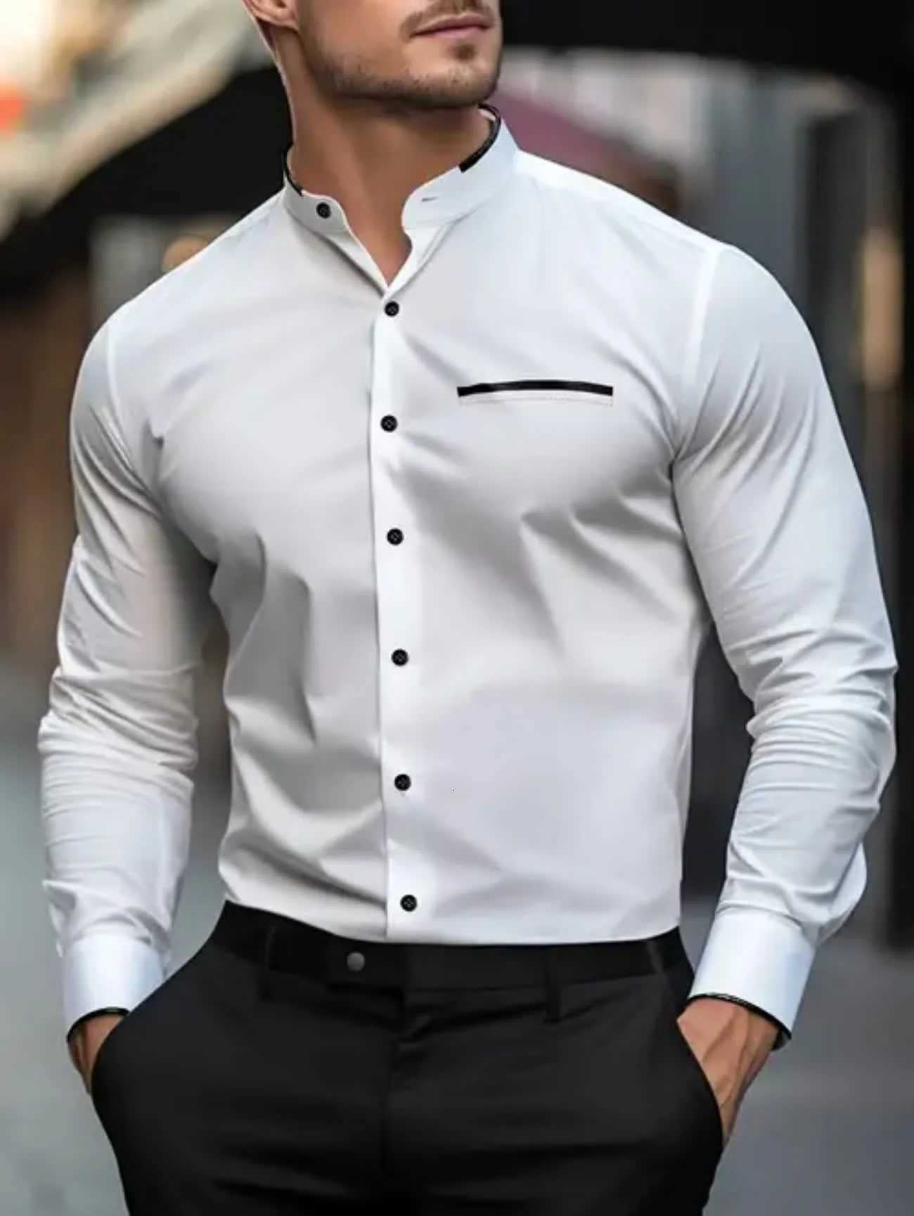 New mens long-sleeved shirt - solid color shirt - fashionable high-quality mens top - blue white pink green red - business Y250819