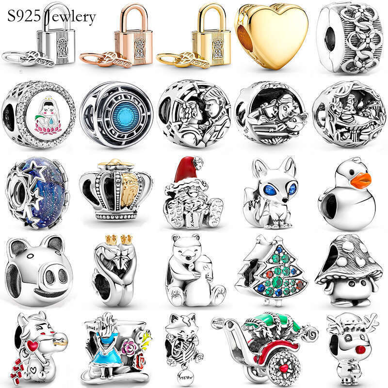 Classics Fashion gift 925 Sterling Silver Swan Crown Fox Padlock Key Mushroom Star Beads Fit Original Dangle Charm Bracelet Women DIY Jewelry