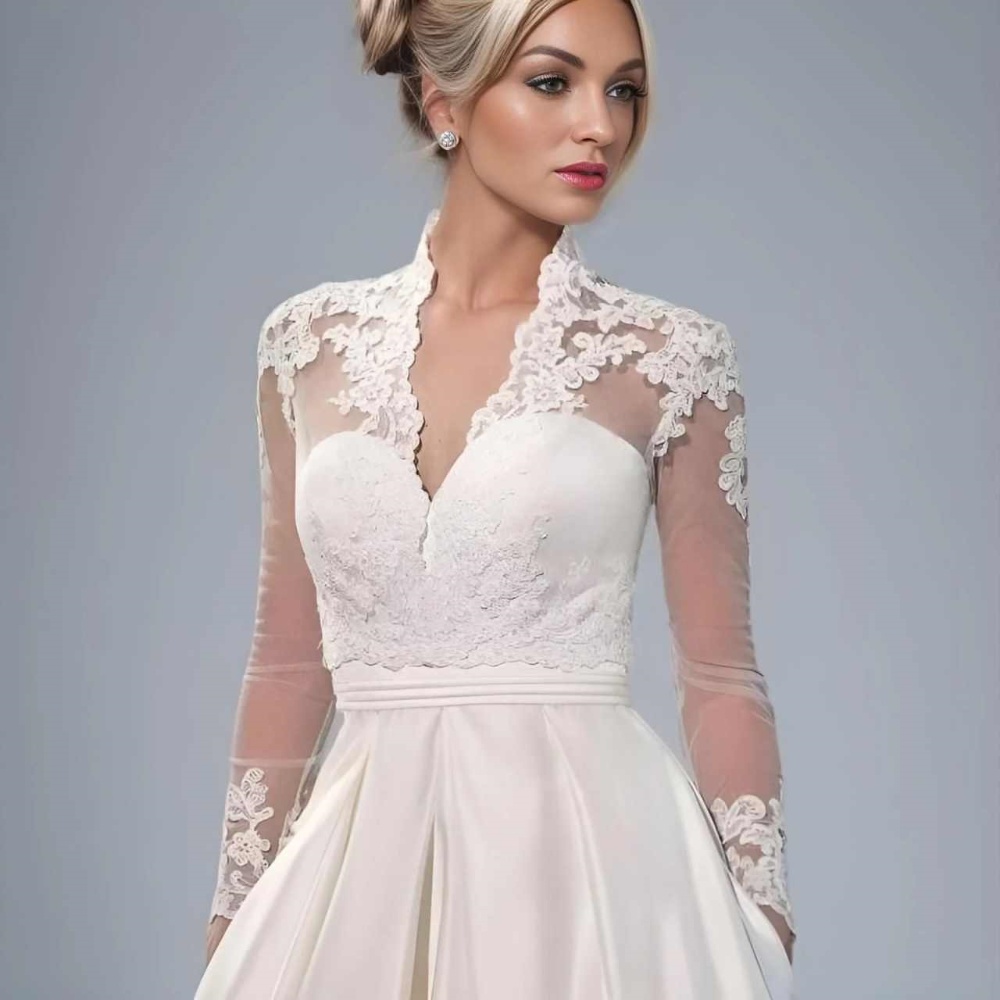 Lace Wedding Bridal Jacket Long Sleeves V Neck Appliques Button Bridal Shawl Coat Wedding Accessories Customized