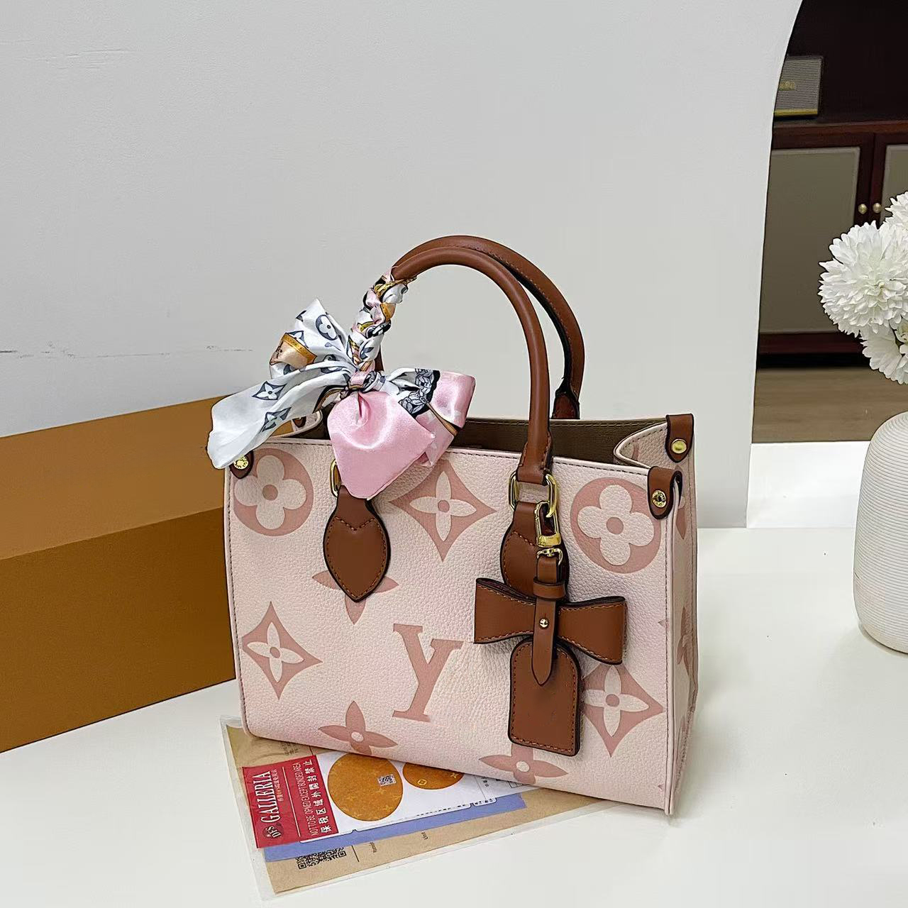 Fashion classic Embossed Handheld tote bag shoulder Crossbody bag with Scarf & Bow Design, Durable Material, Multi - Compartment for Organizing Cards, Keys & Lipsticks