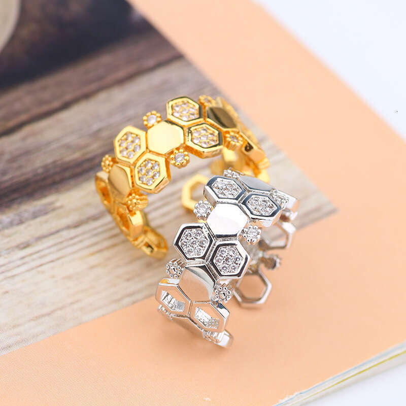 Exaggerated Geometric Jewelry Simple Micro Pave Zircon Honeycomb Hexagon Bracelet Ring Set Direct Sale