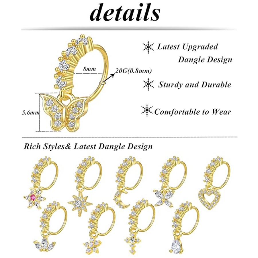 10Pcs Dangle Nose Rings Hoop Butterfly Heart Moon Flower Star CZ Cartilage Earring Dangling Nose Body Piercing Jewelry 20G Gold Tone