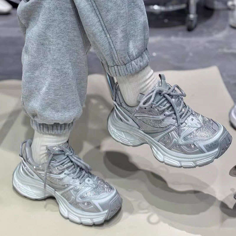 2025 Spring Summer New Women's Thick Sole Dad with Sparkling Rhinestones Korean Style Sports Platform Lace-up Casual Shoes Trendy