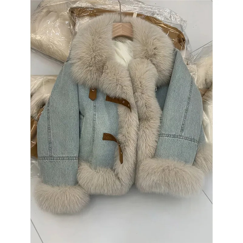 Womens Fur Collar Denim Jackets Fashion Warm Long Sleeved Plush Blue Coat Autumn Winter Retro Faux Loose Thick Overcoat 250818