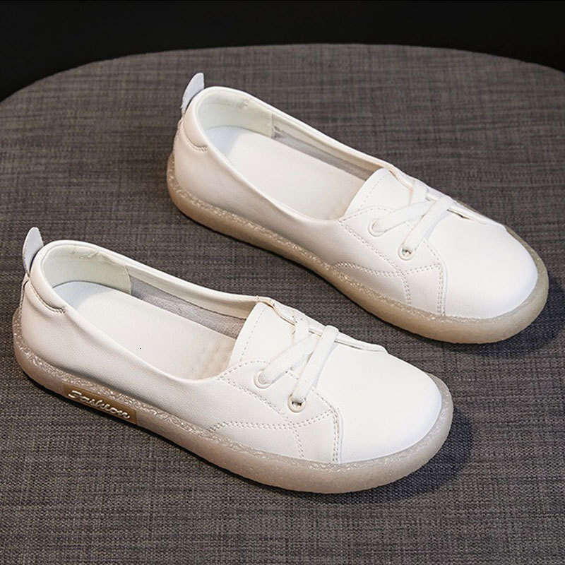 Genuine Leather Shallow Mouth White for Women 2025 Summer Autumn New Versatile Soft Sole Slip-On Nurse Mom Flat Single Shoes