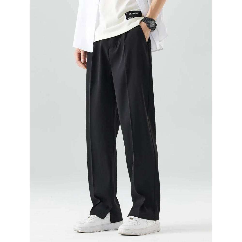 2023 New Summer Casual Pants Men Breathable Polyester Korean Fashion Semi-Wide Banded Waist Slacks Straight Loose Drape Trousers