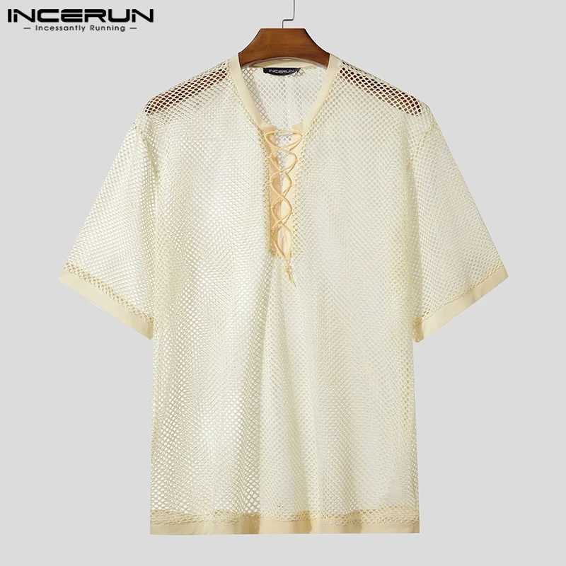 Mesh Men T-Shirts Fashion Hollow Out Tops Short SLeeve Top Tee Solid Color Lace-up Mens Clothing Streetwear Oversize Y250819