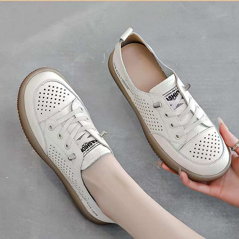2023 Summer Top Layer Cowhide for Women Casual White Soft Sole Perforated Sports Mom Ins Slip-On Hole Shoes