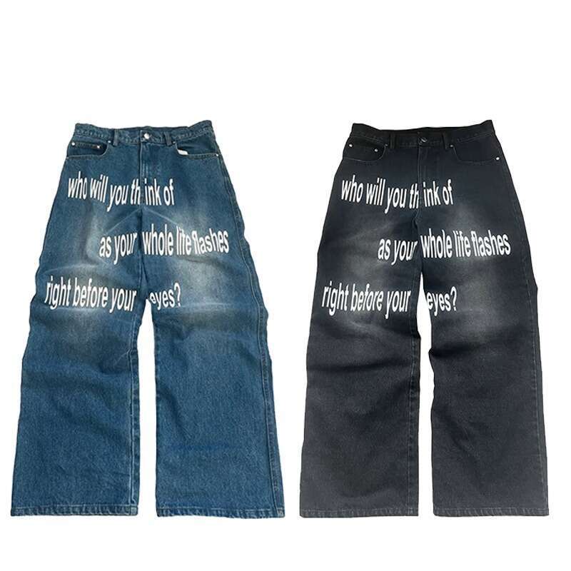 Harajuku Trendy Street Hip-Hop Wide-Leg Pants Letter Print Gothic Washed Vintage Jeans