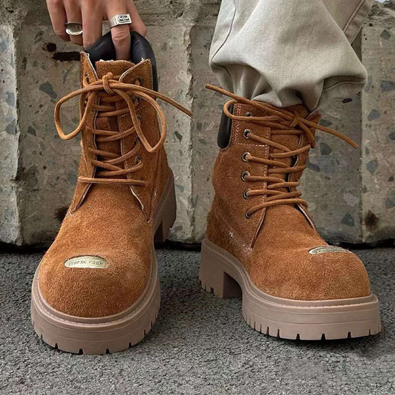 British Style Chunky Mid-Cut Martin Outdoor Casual Leather Shoes Unisex Work Boots Couple Thick Sole Height Increasing