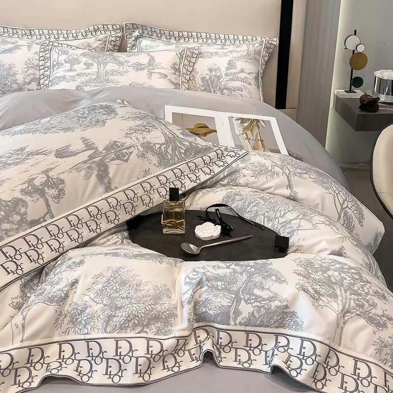 4pcs/set Light Luxury Style 100s Bed Sheet Pure Cotton Quilt Cover Matt High-end Printing Super Soft Bedding Set Twin Queen Size H250912