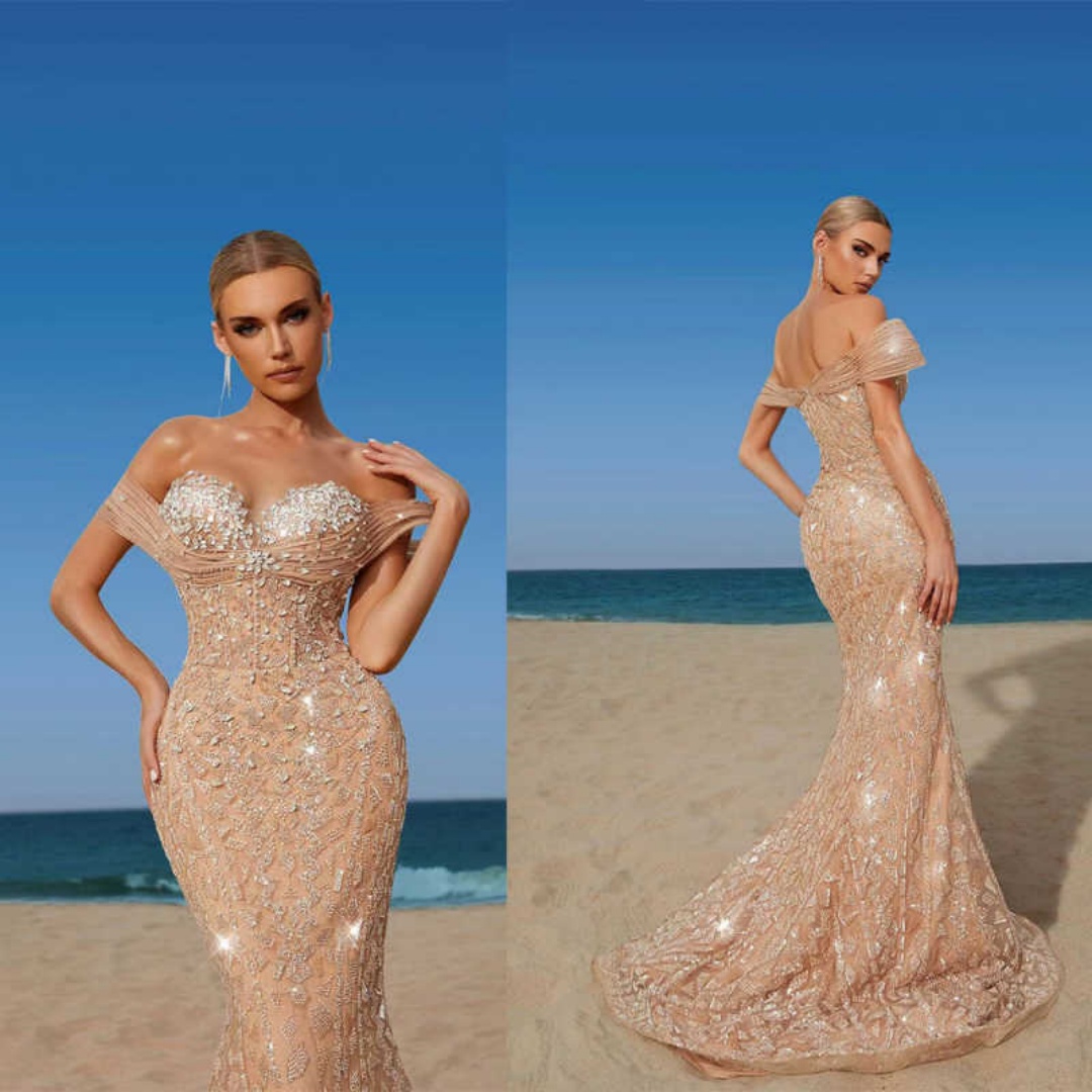 Sparky Customized Evening Dress Off Shoulder Sleeveless Mermaid Prom Party Crystal Beadeds Special Occasion Dresses