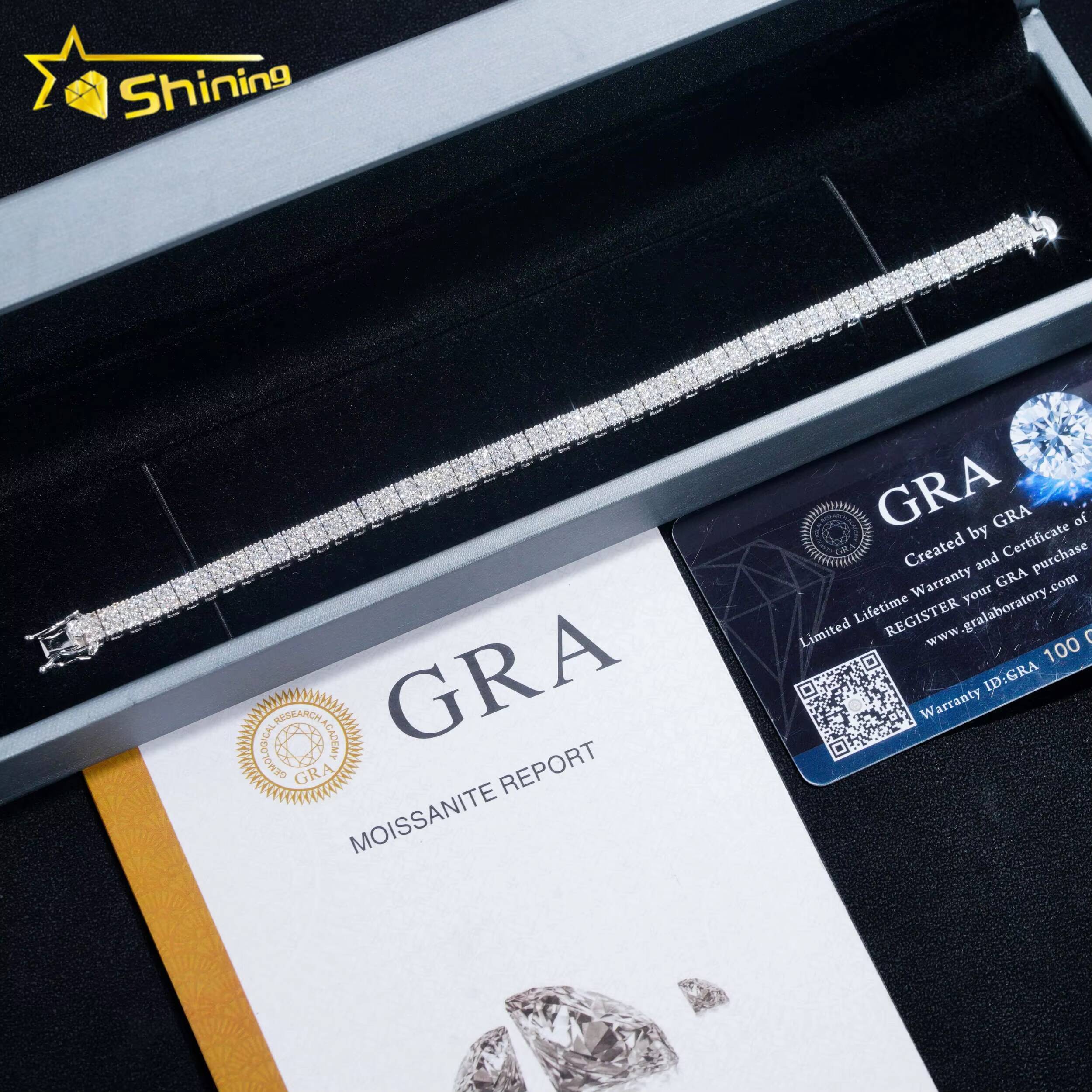 GRA Certificate Fashion Luxury 3 Rows Diamond 925 Silver Bracelet Moissanite Tennis Chain