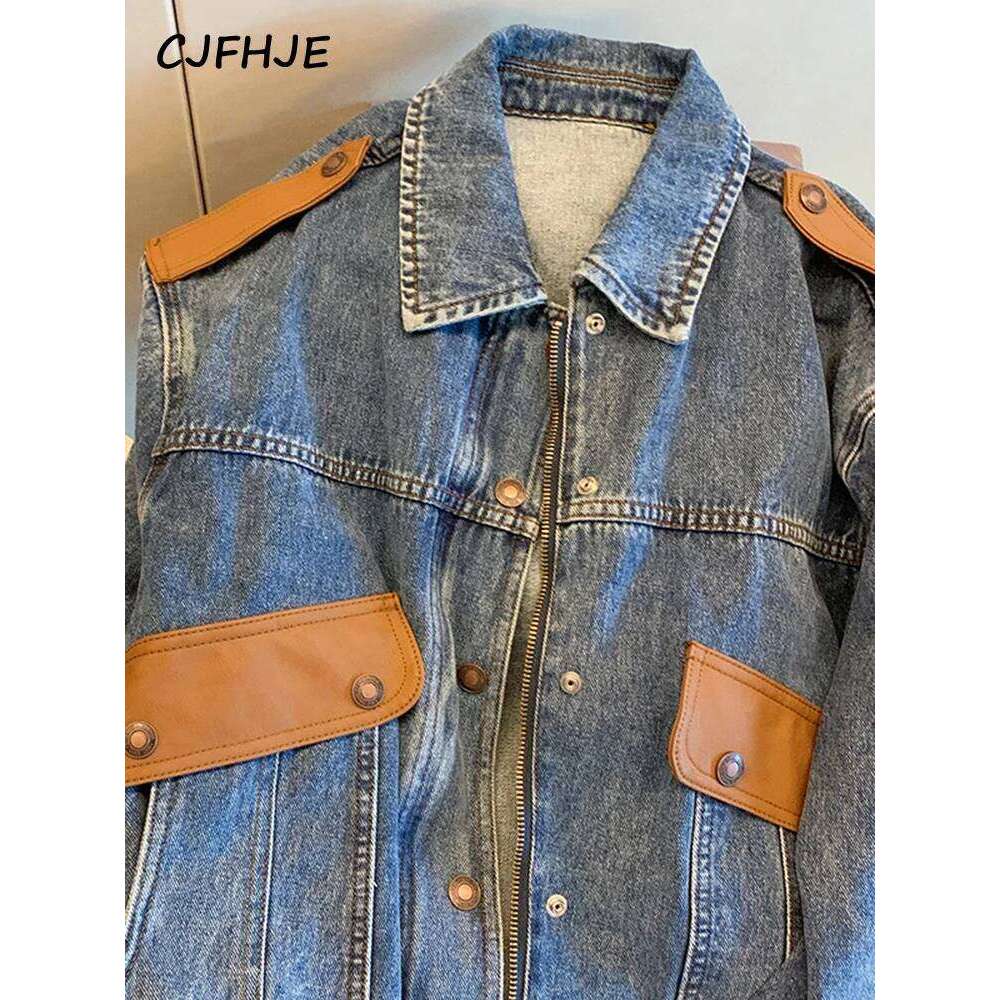 CJFHJE Blue Vintage Patchwork Jacket Women Chicly Fashion Korean Loose Female Jackets Haruku Zipper Casual Denim Coats