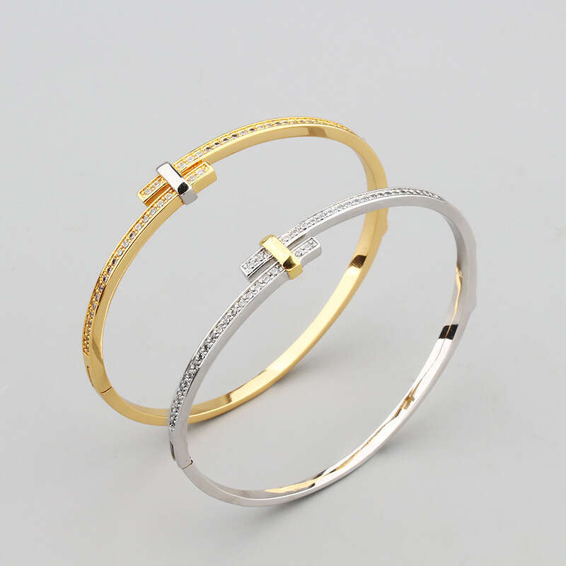 New Simple Closed Two-tone Bracelet Ring Set for Men and Women, Elegant Eco-friendly Copper Gold-plated Zircon Inlaid Jewelry