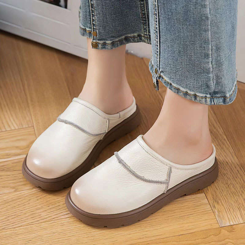 Cowhide Closed-Toe Soft Sole Half Slippers Women 2025 Summer New Versatile Genuine Leather Flat Sandals for Outdoor Wear